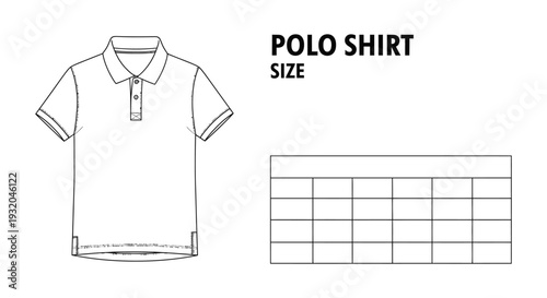 polo shirt technical drawing showcasing design specifications and a blank size chart template for apparel.