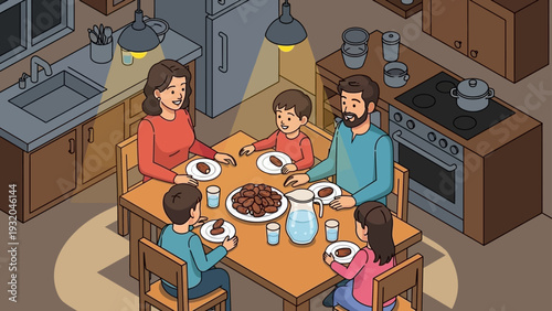 a happy family enjoying an iftar meal with dates and water at a kitchen dining table illustrating ramadan traditions.