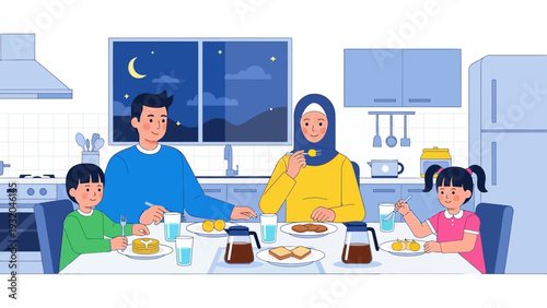 a happy muslim family enjoying a traditional suhoor or iftar meal together at night in a modern kitchen.