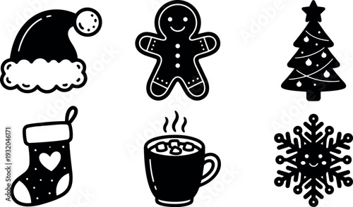 Flat design christmas icon set festive silhouette symbols including santa hat gingerbread tree stocking cocoa snowflake minimalist vector black icons