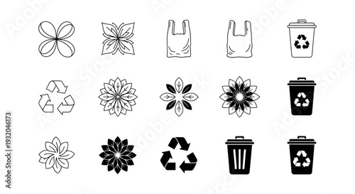 environmental sustainability icons set showcasing minimalist nature elements recycling symbols and plastic waste for eco-conscious designs.