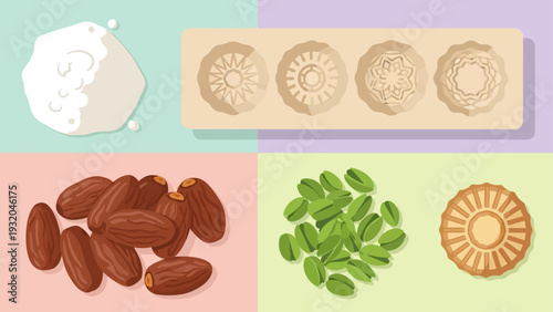maamoul dessert flat lay illustration with flour dates pistachios mold and a finished cookie for middle eastern baking.