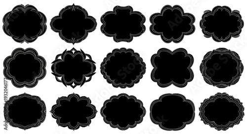isolated collection of black decorative grunge frames and distressed labels on a white background useful for retro design projects.