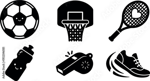 Flat design sports icon set soccer ball basketball hoop tennis racket water bottle whistle running shoe black silhouettes on white