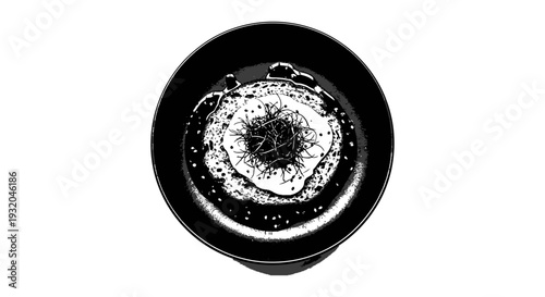monochrome graphic illustration of a gourmet healthy dish with fresh sprouts in a black bowl ideal for modern culinary concepts.