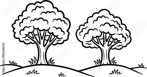 Two trees on a hill with grass and bushes drawing, Coloring page. Vector illustration.