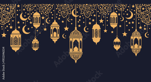 Elegant gold lanterns and crescent moons pattern.