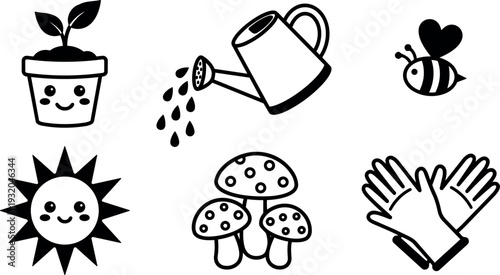 Cute kawaii flat vector gardening icon set smiling plant pot watering can bee heart sun mushrooms gloves simple line art