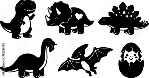 Flat design cute dinosaur silhouette set with smiling t rex triceratops stegosaurus brontosaurus pterodactyl and hatching egg black icons vector
