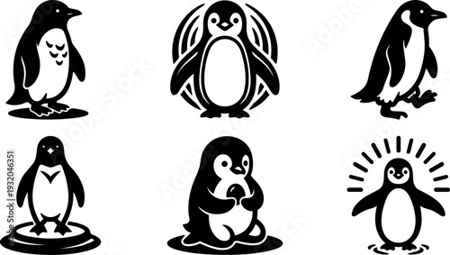 Flat minimalist vector penguin icon set showing six black and white penguin poses including smiling holding egg and playful waddling
