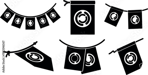 Minimal flat vector garland close up hanging pennant flags with swirl emblem on string low angle black and white silhouette