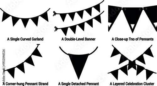 Flat design close up pennant banner cluster of hanging triangular garlands in silhouette overhead view celebration decoration vector art black