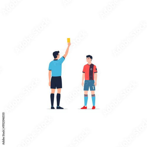 Referee showing yellow card to soccer player during match