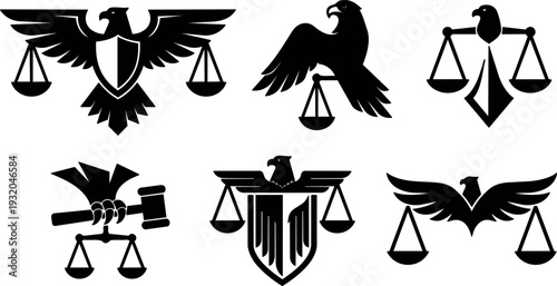 Heraldic eagle holding balanced scales and gavel set of six legal emblem vector icons in bold flat style silhouette badge
