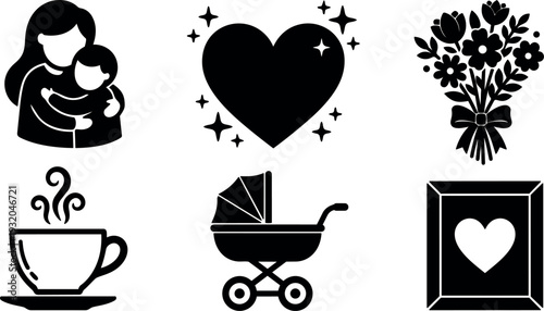 Flat design mother and baby hugging icon set with heart bouquet coffee stroller framed heart vector black mothers day silhouettes