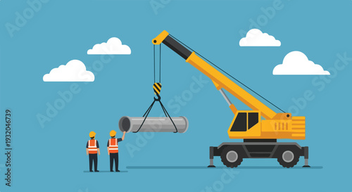Two construction workers guide a large pipe being lifted by a mobile crane against a blue sky with clouds, depicting an industrial construction site scene.