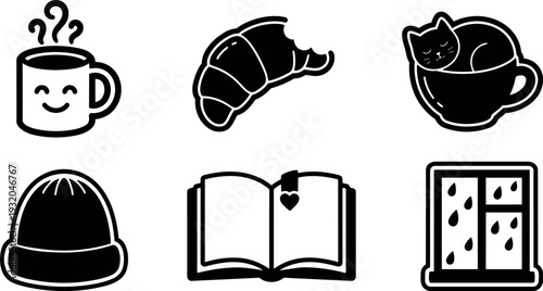 Flat sticker vector set cozy breakfast cat in cup smiling coffee mug croissant beanie open book rainy window minimal line