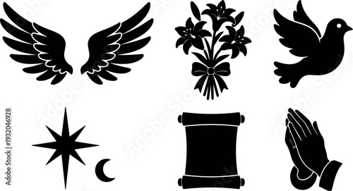Flat design silhouette memorial and religious icon set with wings dove lilies praying hands star crescent and ancient scroll vector
