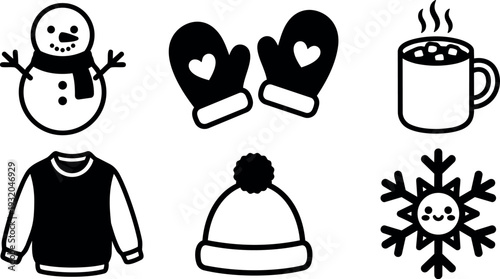 Flat design winter icons set three columns snowman mittens mug sweater hat snowflake simple bold outlines for seasonal projects playful
