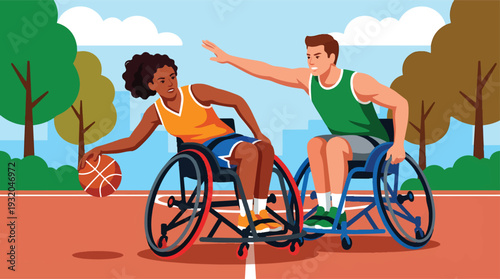 Two athletes in wheelchairs playing basketball on an outdoor court.