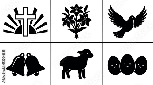 Flat design six easter silhouette icons cross sunrise lilies dove bells lamb smiling eggs arranged in six square grid bold