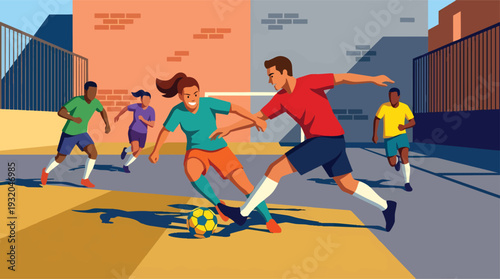 Dynamic street soccer match with diverse players competing for the ball.
