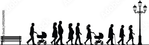 Life cycle silhouettes vector illustration, people walking from infancy to old age with strollers and cane, decorative black and white progression artwork