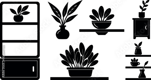 Flat design black plant shelf icons showing multiple potted houseplants on shelves close up front view minimalist vector art