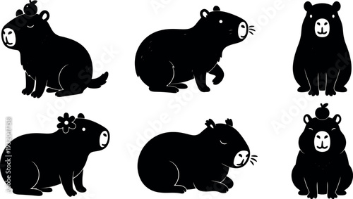 Cute minimalist silhouette capybara vector set six poses side view front view sitting resting with floral and apple details playful