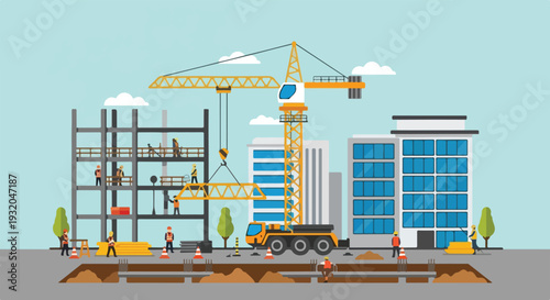 A bustling vector illustration of a construction site with a crane, workers on a building, ground work, and finished modern buildings.