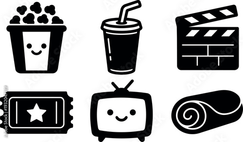 Flat design kawaii cinema icon set showing smiling popcorn bucket soda cup clapperboard ticket retro tv and rolled snack illustration
