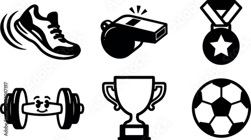 Minimalist flat vector sports icon set running shoe whistle medal dumbbell trophy soccer ball smiling weight cartoon black white simple