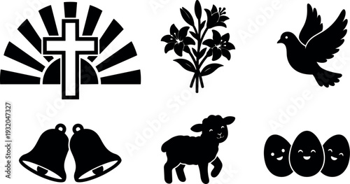 Flat design close up silhouette easter icon set cross rising sun lilies dove ringing bells lamb smiling eggs on white