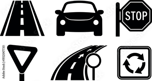 Flat design front view car and road signs collection with stop sign yield sign roundabout arrows highway perspective black icons