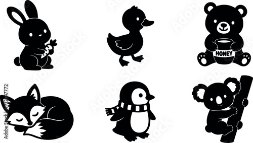 Flat design cute animal six silhouettes rabbit holding carrot duck walking bear with honey jar fox sleeping penguin scarf koala