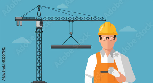A flat design illustration shows a male engineer with a hard hat and blueprints in the foreground, overseeing a tower crane lifting a steel beam against a blue sky.
