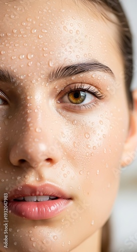 Close-up of a womans face covered in water droplets, showcasing natural beauty.