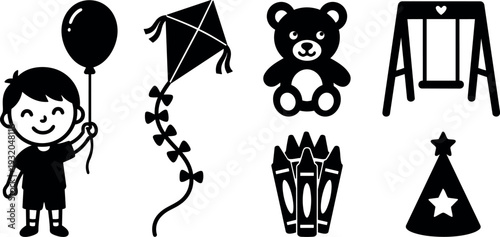 Flat design smiling boy holding balloon kite teddy swing crayons party hat icon set black silhouette front view vector playful