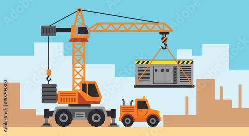 A flat vector illustration portrays a construction crane lifting a large container, with a truck and building silhouettes in the background.