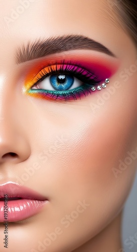 Close-up of a womans face with colorful eye makeup.