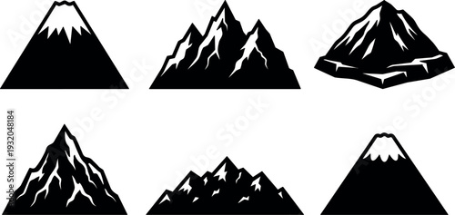 Flat design silhouette mountain icon set six black peaks with snow caps low angle simple vector badge collection minimal monochrome