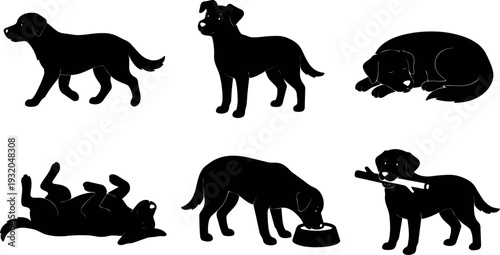 Flat design dog silhouette set six poses walking standing sleeping rolling eating fetching stick black vector icons playful profile collection