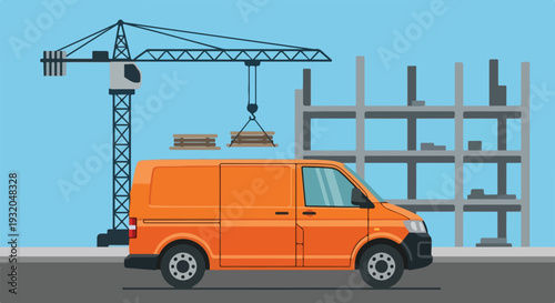 An orange delivery van is parked near a construction site with a tower crane lifting materials for a new building.