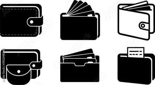 Flat minimalist wallet icon set close up six black silhouette wallets with cards button clasp front view folded angle isolated