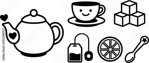 Line art tea icon set with smiling cup teapot with heart spout sugar cubes teabag lemon slice spoon top view