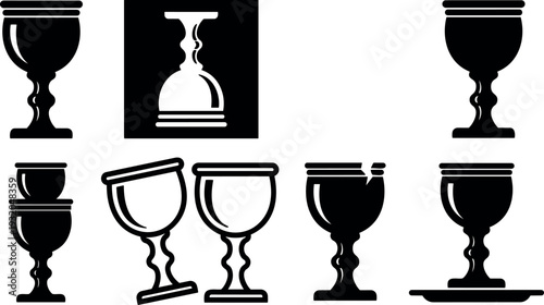 Minimalist vector goblet icon set multiple chalice silhouettes tilted broken stacked on plate flat black design simple outline vintage ornamental