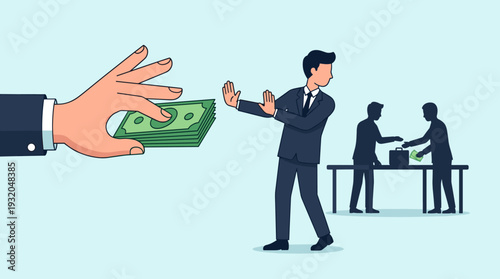 Businessman Refusing Bribe from Large Hand Representing Anti-Corruption and Business Ethics with Silhouettes of Corrupt Deal in Background Vector Illustration for Integrity and Honesty Concept.