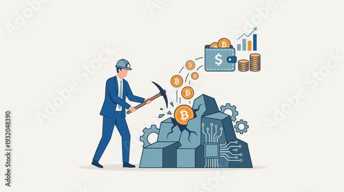 Businessman in Suit and Hardhat Mining Bitcoin with Pickaxe from Digital Rock Formation, Cryptocurrency Mining Concept Illustration for Financial Growth, Blockchain Technology and Digital Wallet
