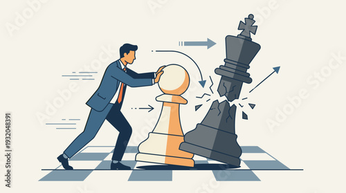 Business Strategy Concept with Businessman Pushing a White Chess Pawn to Shatter a Large Black King Piece, Symbolizing Market Disruption, Competitive Advantage, Tactical Success, and Leadership.
