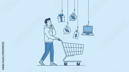 Man with shopping cart looking at online offers hanging from fishing hooks, flat vector illustration of consumerism, marketing bait, phishing scams, retail discounts, and digital temptation.